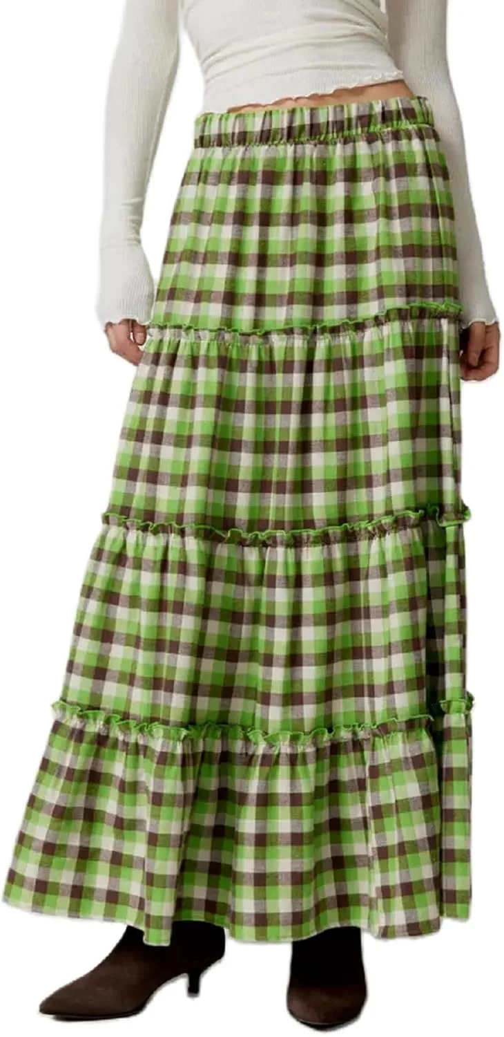 Y2K Plaid Tiered Maxi Skirts Women Boho Flowy A Line Long Skirts Elastic High Waist Gingham Ruffle Vintage Skirts