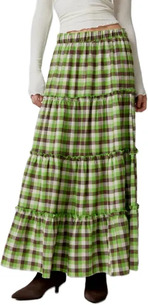 Y2K Plaid Tiered Maxi Skirts Women Boho Flowy A Line Long Skirts Elastic High Waist Gingham Ruffle Vintage Skirts