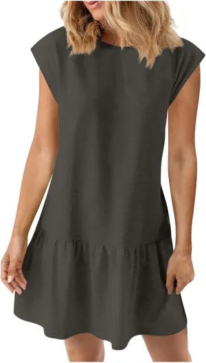 yardsong Cap Sleeve Dress for Women Summer Trendy Round Neck Mini Dresses Casual Loose Ruffle Hem Flowy Tunic Dresses
