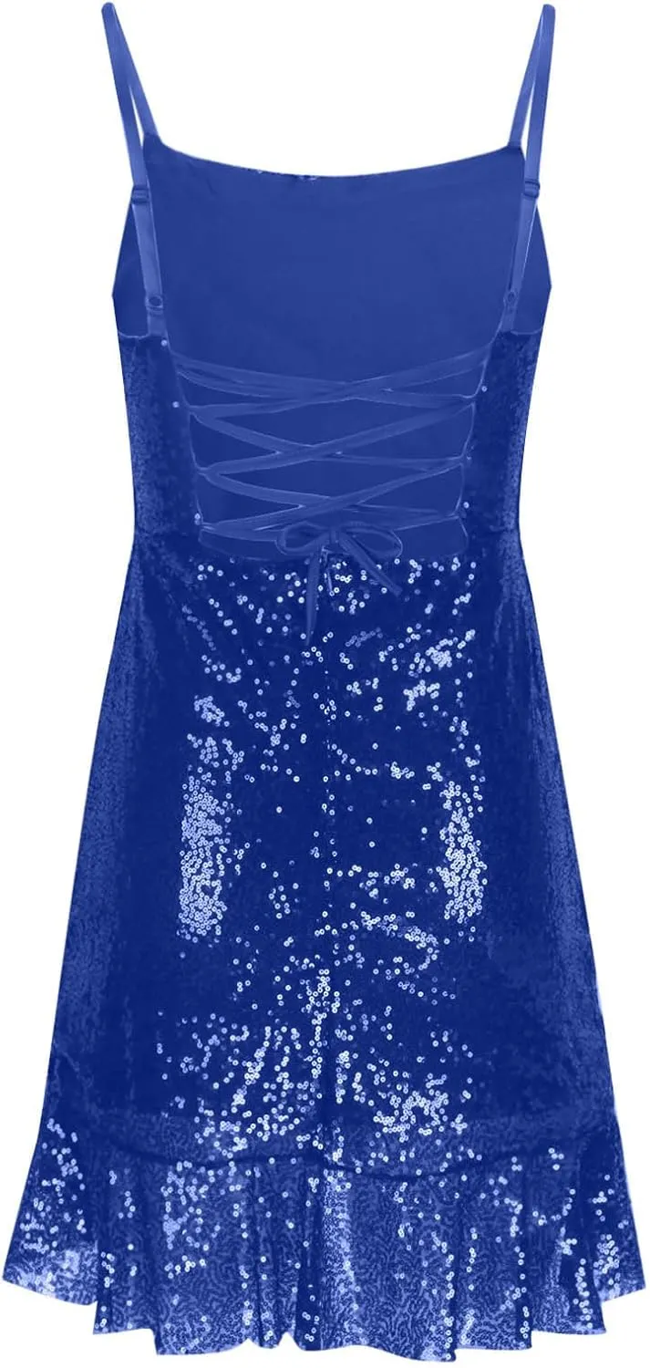 yardsong Party Dresses for Women 2025 Sexy Glitter Sequin Spaghetti Strap Dress Sparkle Ruffle Hem Party Club Mini Dresses