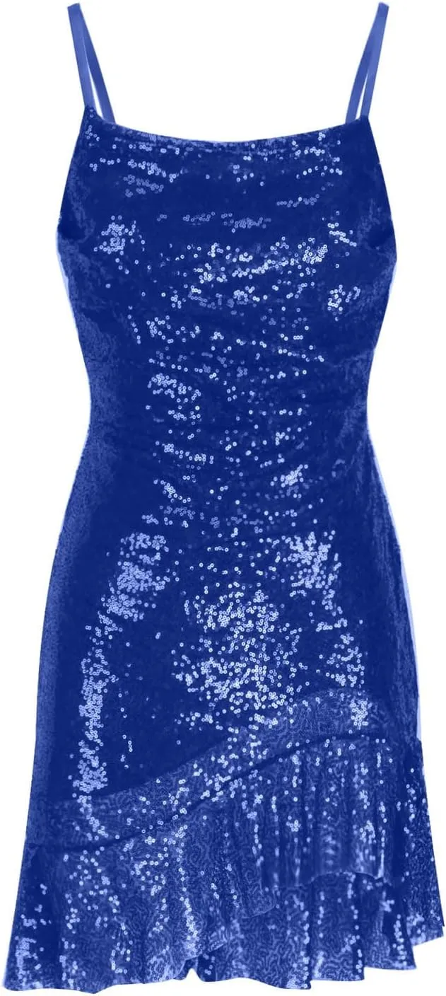 yardsong Party Dresses for Women 2025 Sexy Glitter Sequin Spaghetti Strap Dress Sparkle Ruffle Hem Party Club Mini Dresses