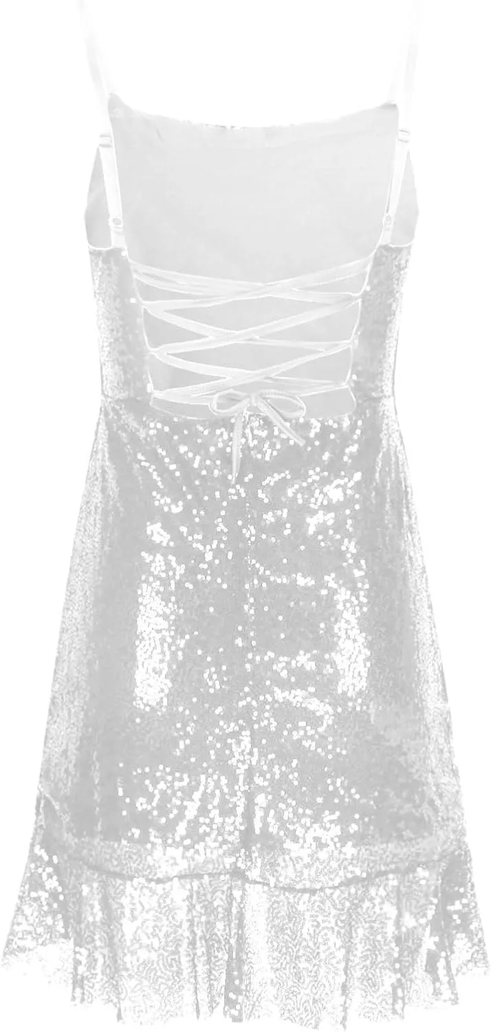 yardsong Party Dresses for Women 2025 Sexy Glitter Sequin Spaghetti Strap Dress Sparkle Ruffle Hem Party Club Mini Dresses