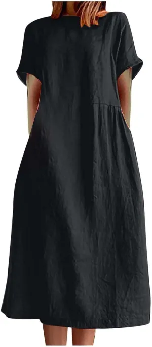 yardsong Women's Casual Dresses Summer Cotton Linen Midi Dress Short Sleeve Round Neck Loose Fit Vacation Beach Dresses