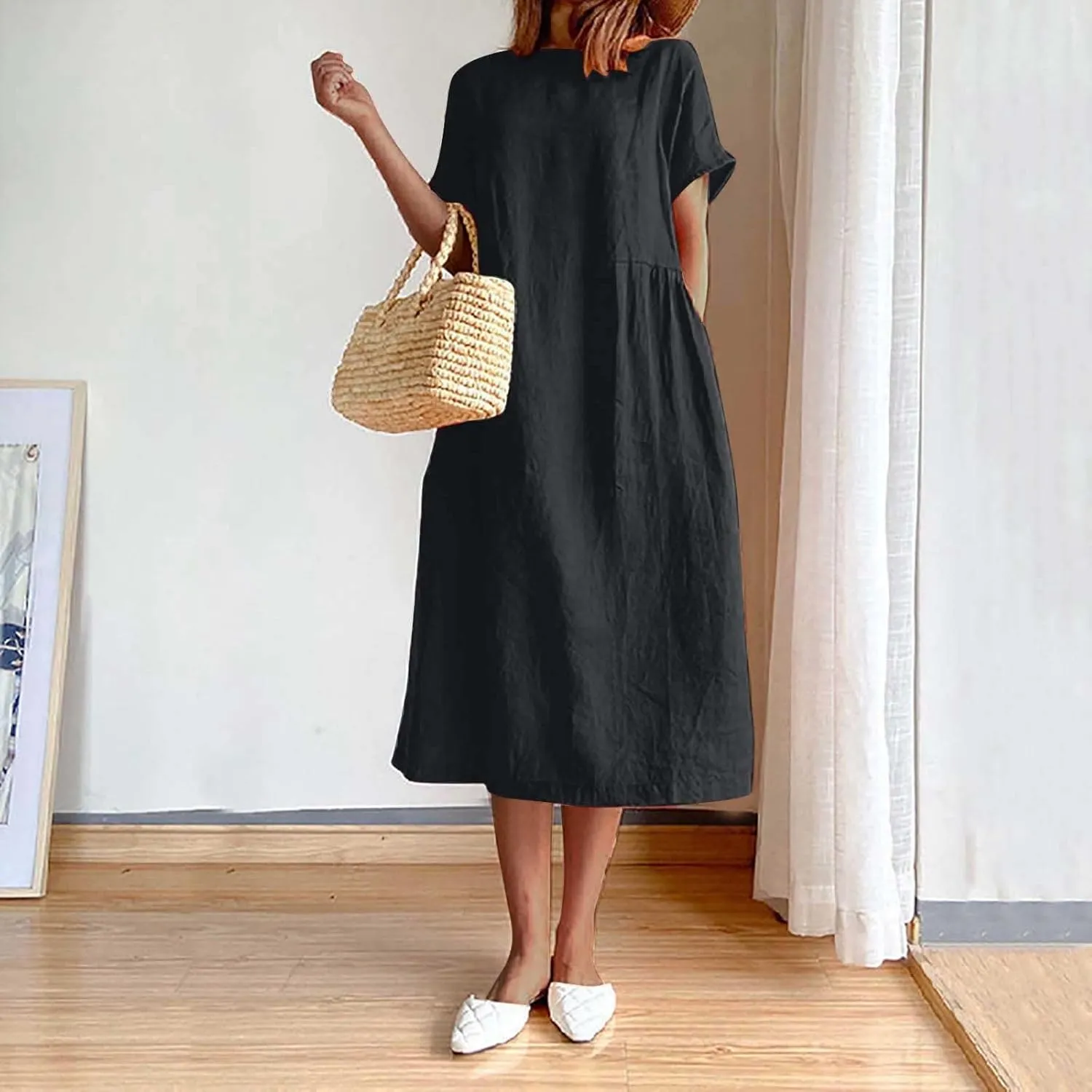 yardsong Women's Casual Dresses Summer Cotton Linen Midi Dress Short Sleeve Round Neck Loose Fit Vacation Beach Dresses