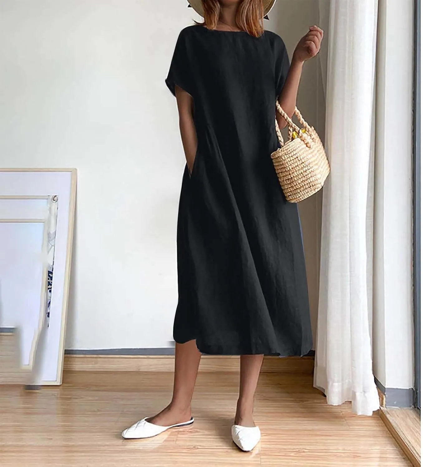yardsong Women's Casual Dresses Summer Cotton Linen Midi Dress Short Sleeve Round Neck Loose Fit Vacation Beach Dresses
