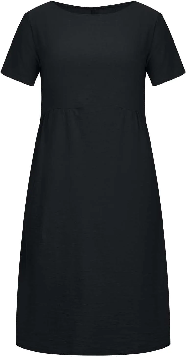 yardsong Women's Casual Dresses Summer Cotton Linen Midi Dress Short Sleeve Round Neck Loose Fit Vacation Beach Dresses