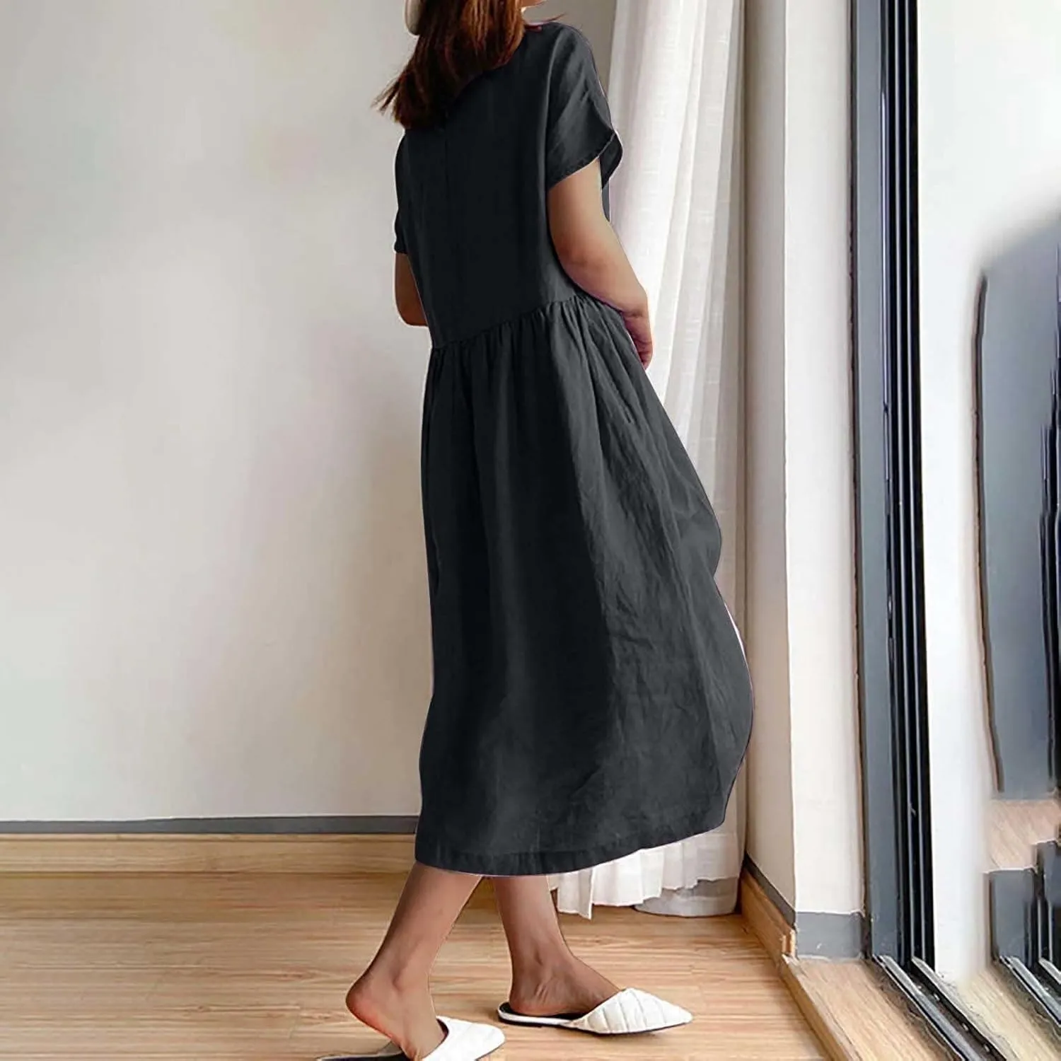 yardsong Women's Casual Dresses Summer Cotton Linen Midi Dress Short Sleeve Round Neck Loose Fit Vacation Beach Dresses