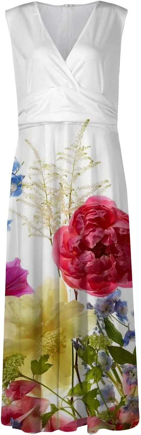 Yesunpxs Dresses for Women 2024 Sleeveless Flowy Ruched Maxi Dress Wrap V Neck Floral Printed Beach Dresses Boho Sundresses