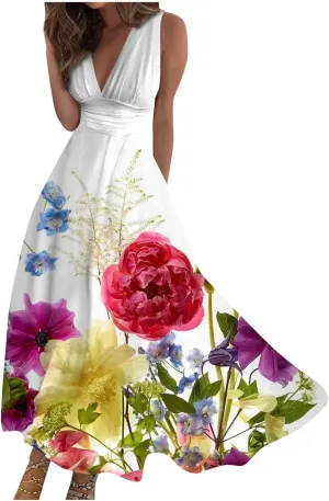 Yesunpxs Dresses for Women 2024 Sleeveless Flowy Ruched Maxi Dress Wrap V Neck Floral Printed Beach Dresses Boho Sundresses
