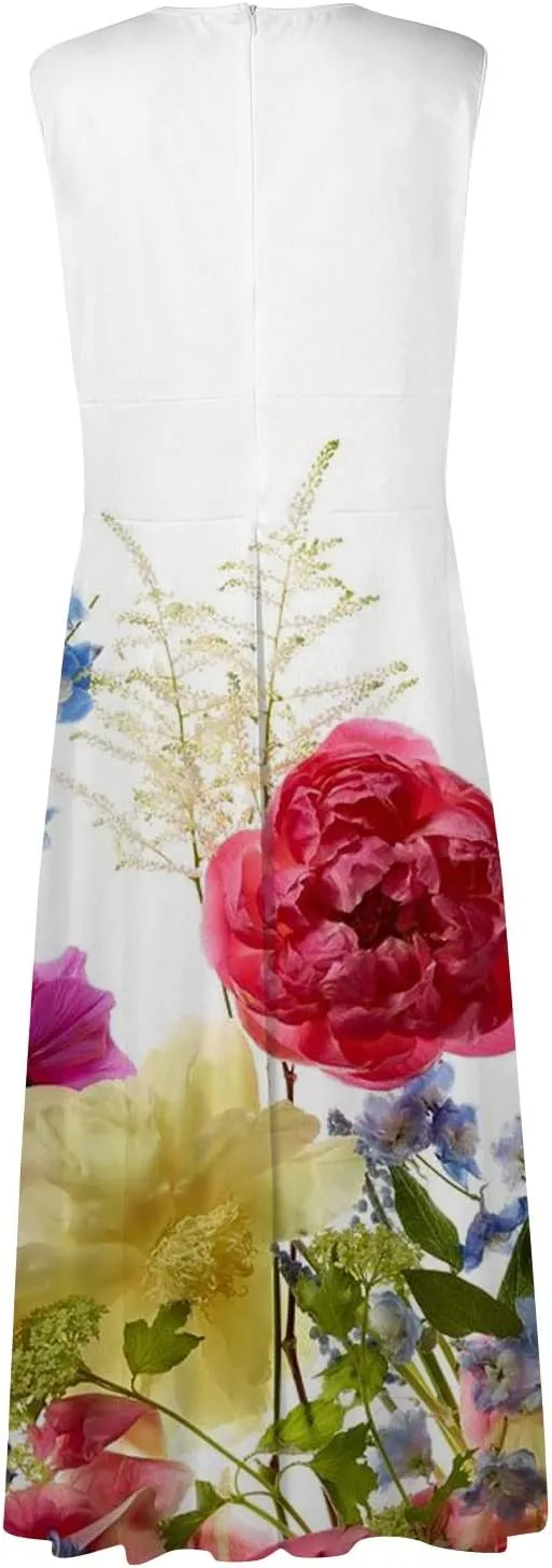Yesunpxs Dresses for Women 2024 Sleeveless Flowy Ruched Maxi Dress Wrap V Neck Floral Printed Beach Dresses Boho Sundresses