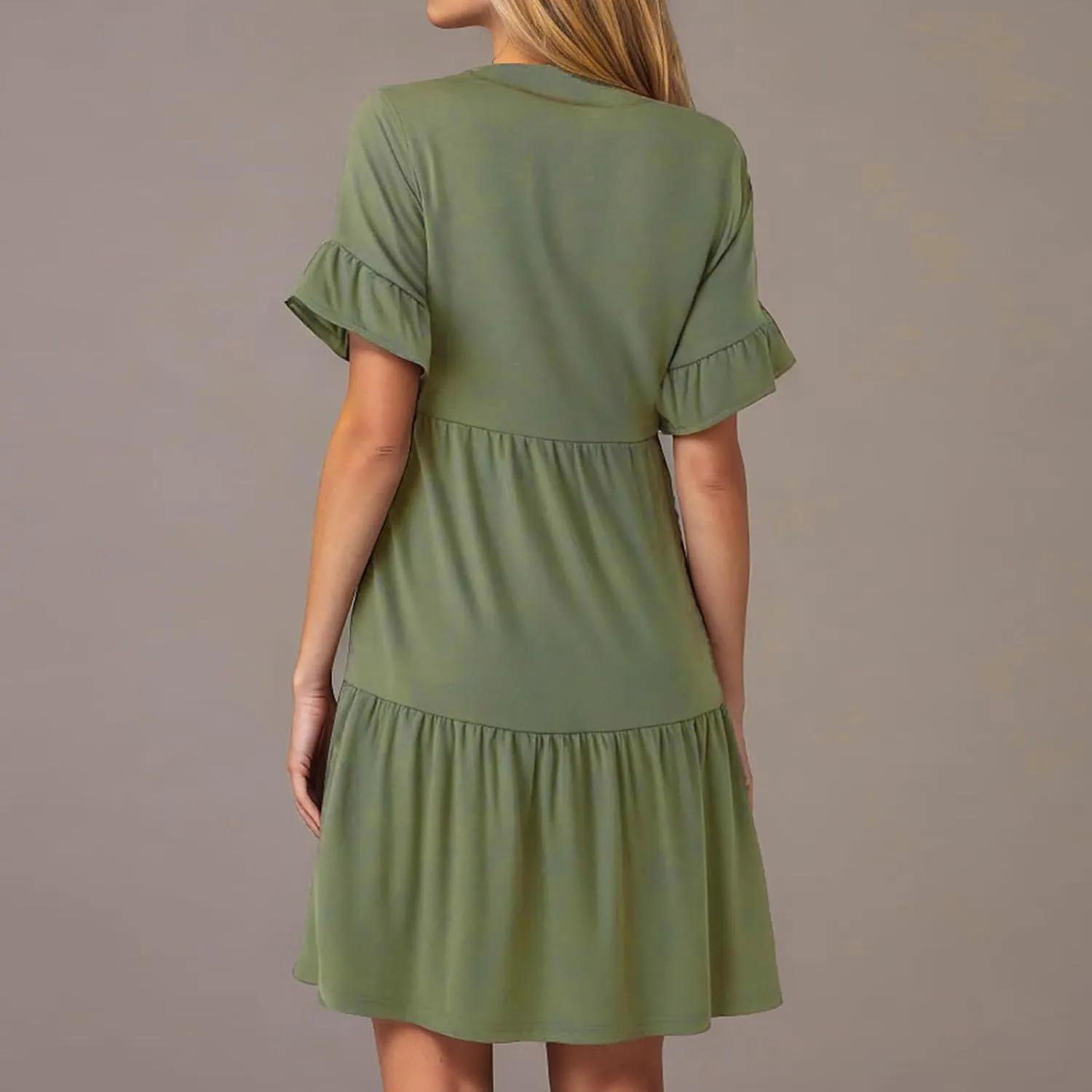 YRAETENM Summer Dresses for Women Ruffle Short Sleeve V Neck a Line Sundress Tiered Flowy Loose Mini Beach Dress with Pockets