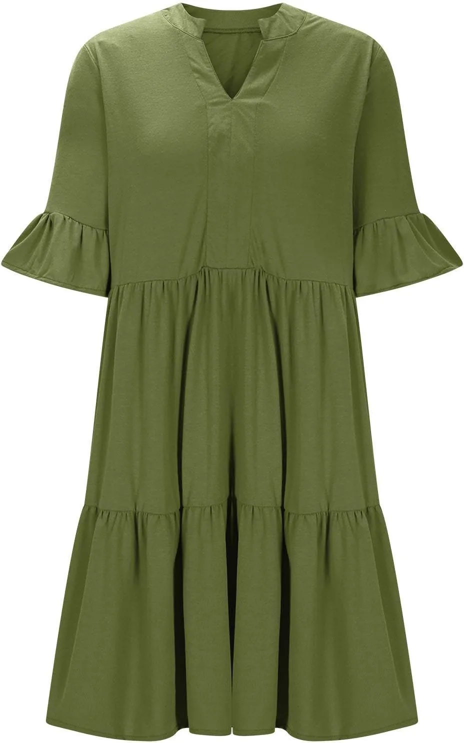 YRAETENM Summer Dresses for Women Ruffle Short Sleeve V Neck a Line Sundress Tiered Flowy Loose Mini Beach Dress with Pockets