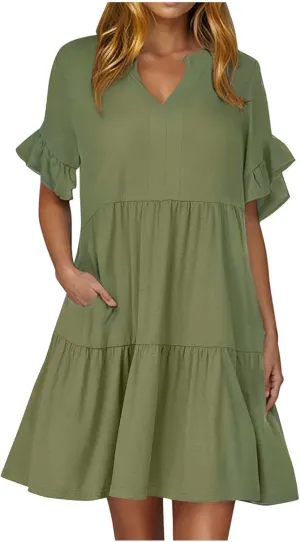 YRAETENM Summer Dresses for Women Ruffle Short Sleeve V Neck a Line Sundress Tiered Flowy Loose Mini Beach Dress with Pockets