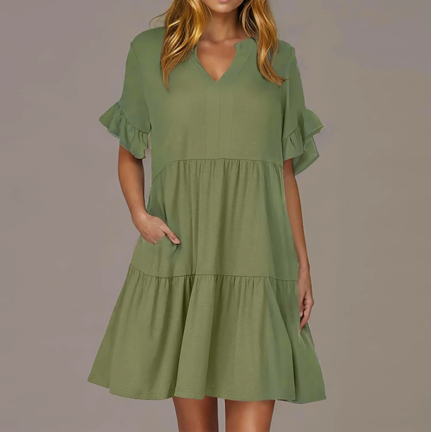 YRAETENM Summer Dresses for Women Ruffle Short Sleeve V Neck a Line Sundress Tiered Flowy Loose Mini Beach Dress with Pockets