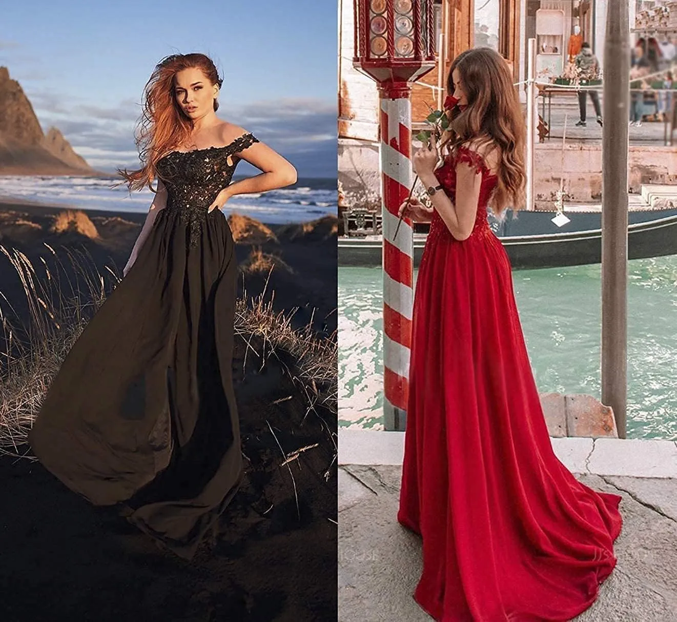 YUAOHUANG Women Lace Appliqued Formal Dress Off Shoulder Long Chiffon Bridesmaid Dress Split Fairy Chiffon Evening Gown