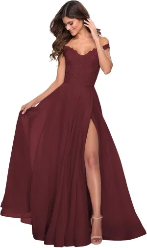 YUAOHUANG Women Lace Appliqued Formal Dress Off Shoulder Long Chiffon Bridesmaid Dress Split Fairy Chiffon Evening Gown