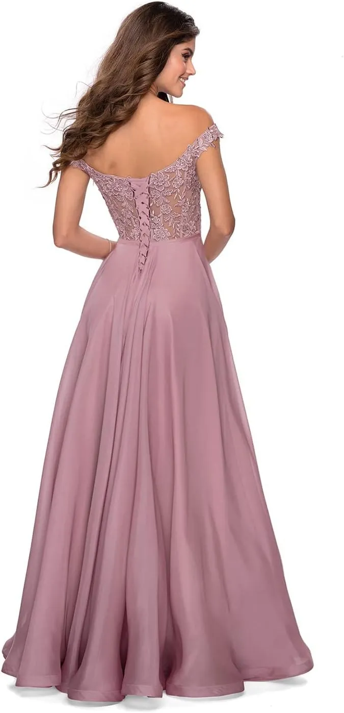 YUAOHUANG Women Lace Appliqued Formal Dress Off Shoulder Long Chiffon Bridesmaid Dress Split Fairy Chiffon Evening Gown