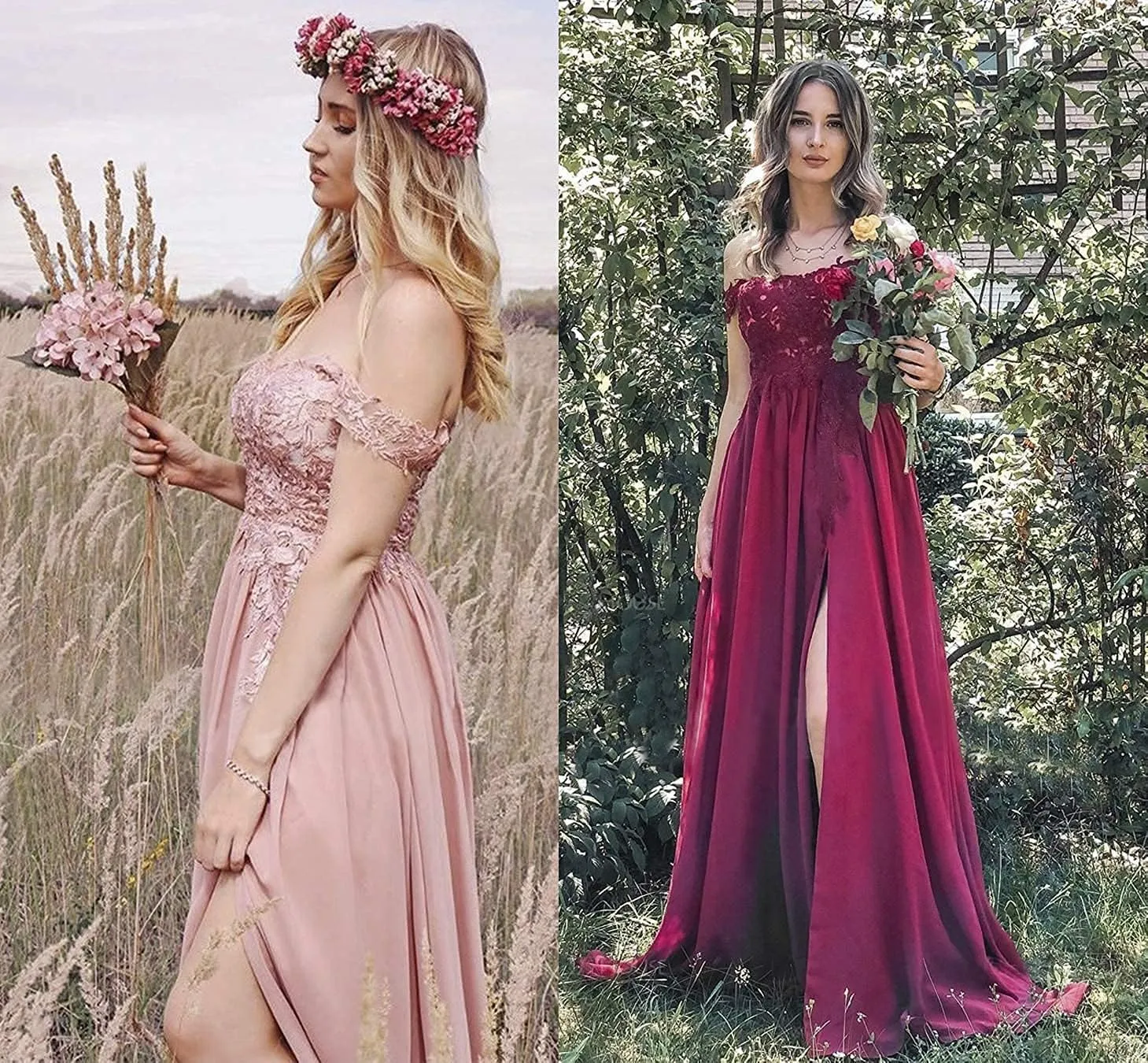 YUAOHUANG Women Lace Appliqued Formal Dress Off Shoulder Long Chiffon Bridesmaid Dress Split Fairy Chiffon Evening Gown