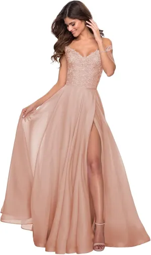 YUAOHUANG Women Lace Appliqued Formal Dress Off Shoulder Long Chiffon Bridesmaid Dress Split Fairy Chiffon Evening Gown