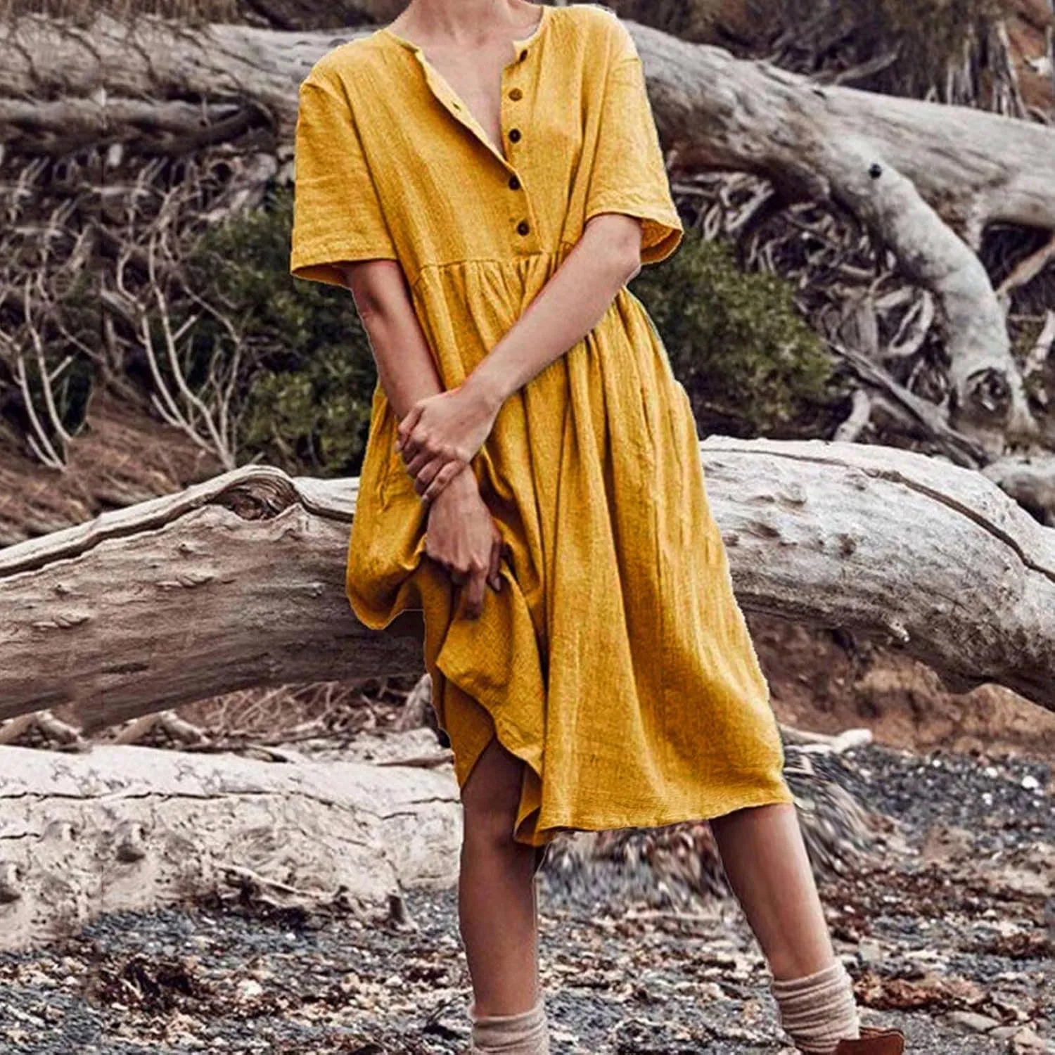 ZDRZK Women Summer Dresses with Plus Size Short Sleeve Button Down Sundresses Casual Pleated Cotton Linen Pocketed Dress