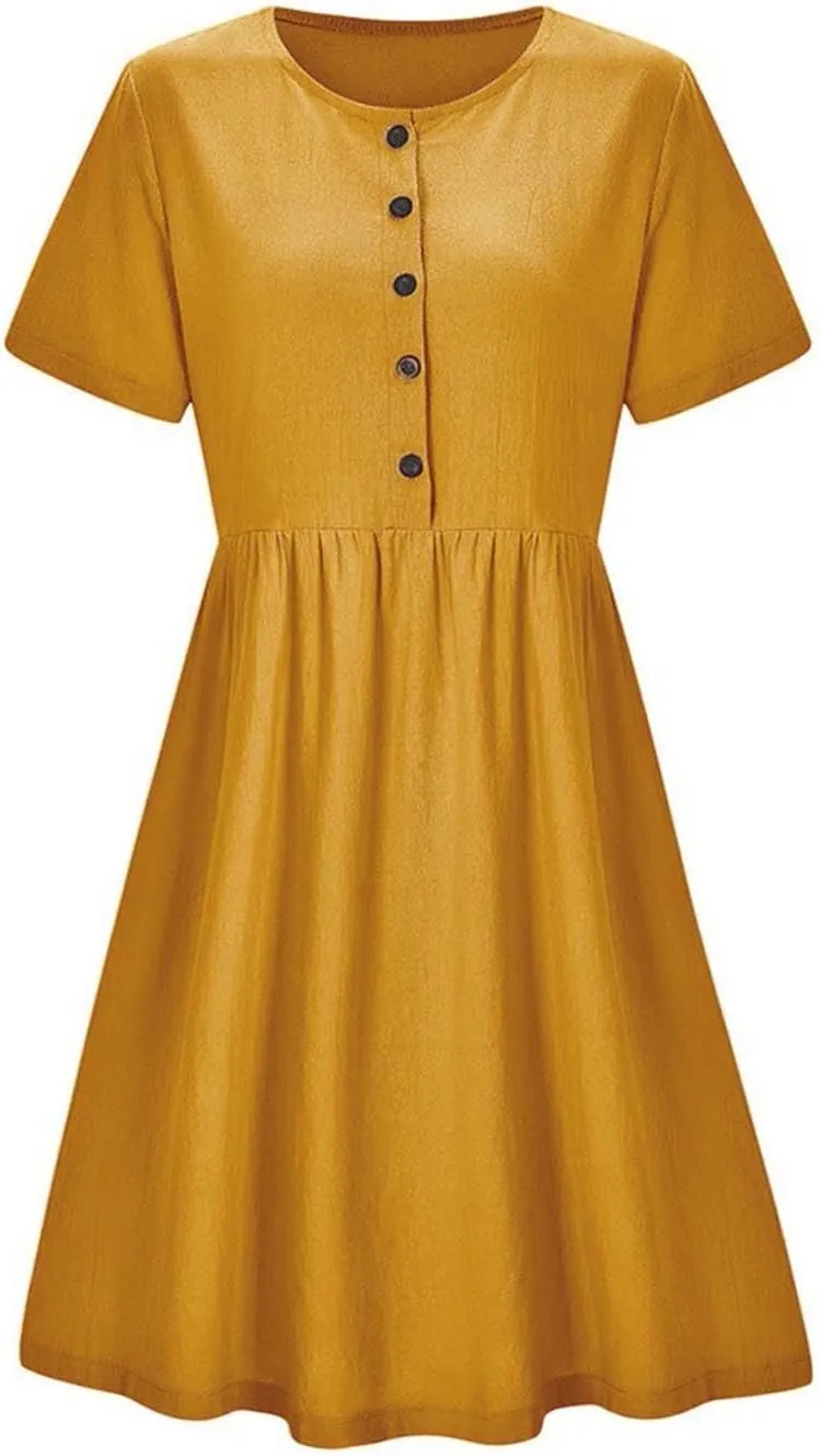 ZDRZK Women Summer Dresses with Plus Size Short Sleeve Button Down Sundresses Casual Pleated Cotton Linen Pocketed Dress