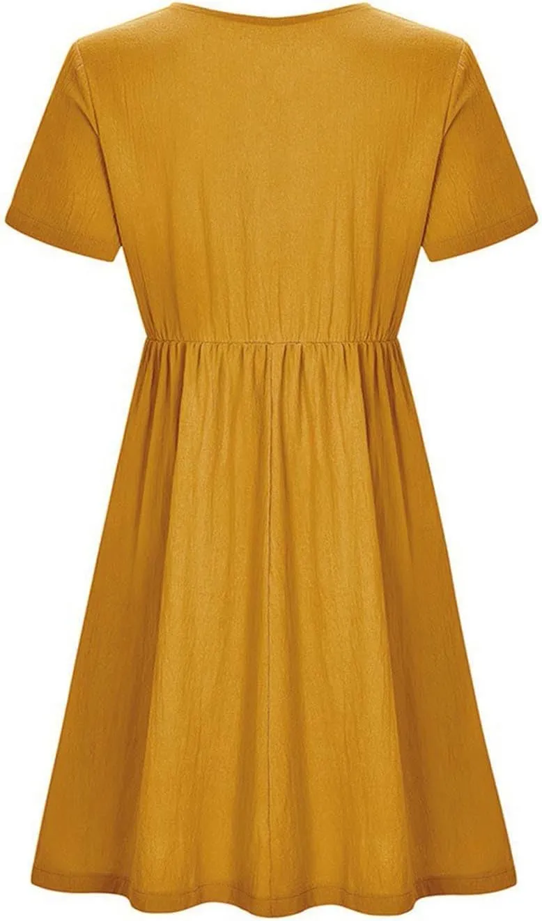 ZDRZK Women Summer Dresses with Plus Size Short Sleeve Button Down Sundresses Casual Pleated Cotton Linen Pocketed Dress