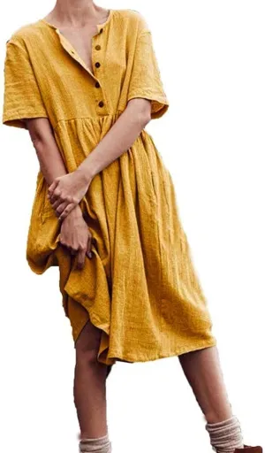 ZDRZK Women Summer Dresses with Plus Size Short Sleeve Button Down Sundresses Casual Pleated Cotton Linen Pocketed Dress