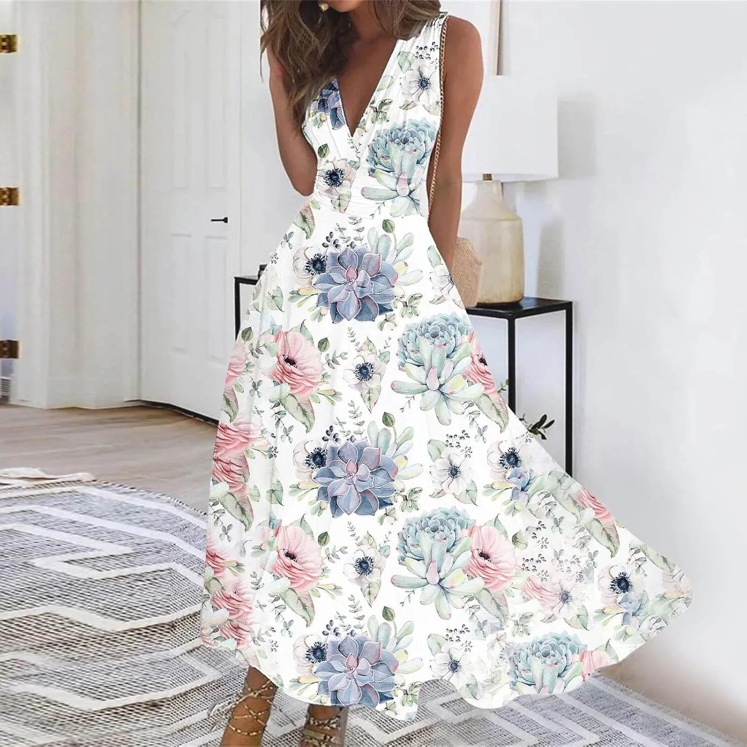 ZDRZK Women's Casual Dresses Sleeveless Wrapped Chest Maxi Dresses Marble Print Sexy Flowy Summer Dresses Trendy 2024