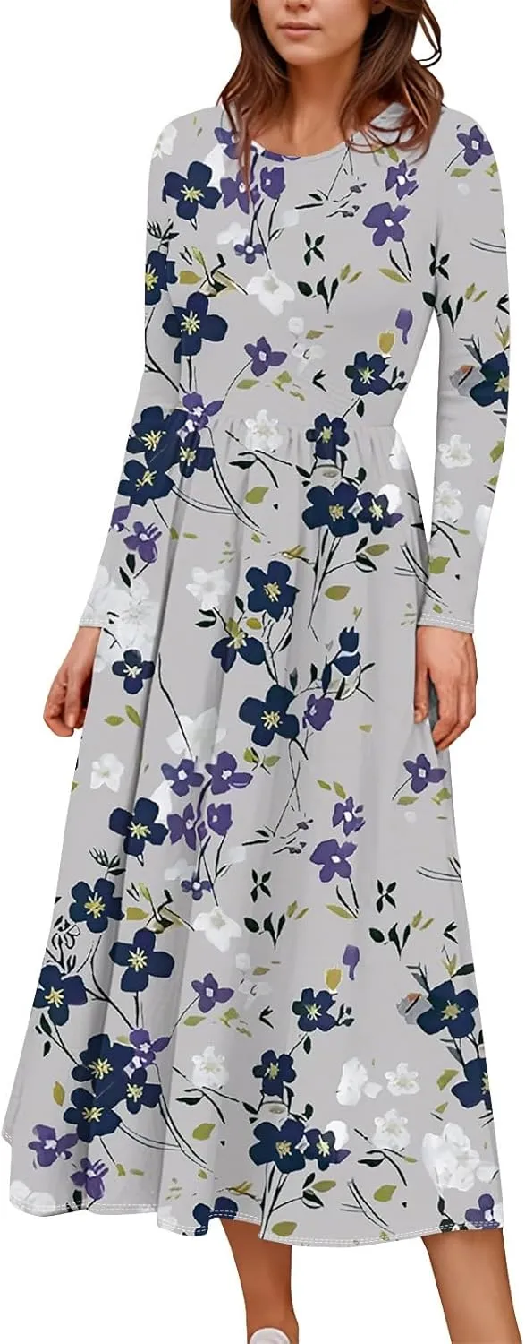 ZEFOTIM Long Sleeve Dresses for Women Casual Crewneck with Pockets Vacation Floral Dresses Spring Summer Dresses
