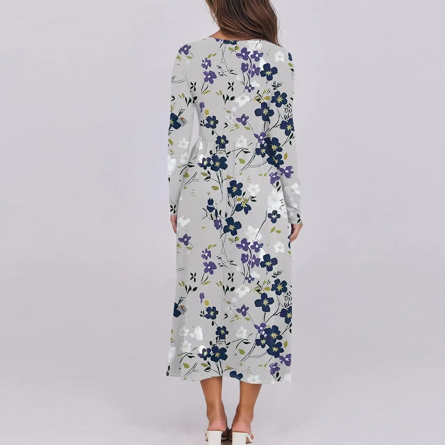 ZEFOTIM Long Sleeve Dresses for Women Casual Crewneck with Pockets Vacation Floral Dresses Spring Summer Dresses
