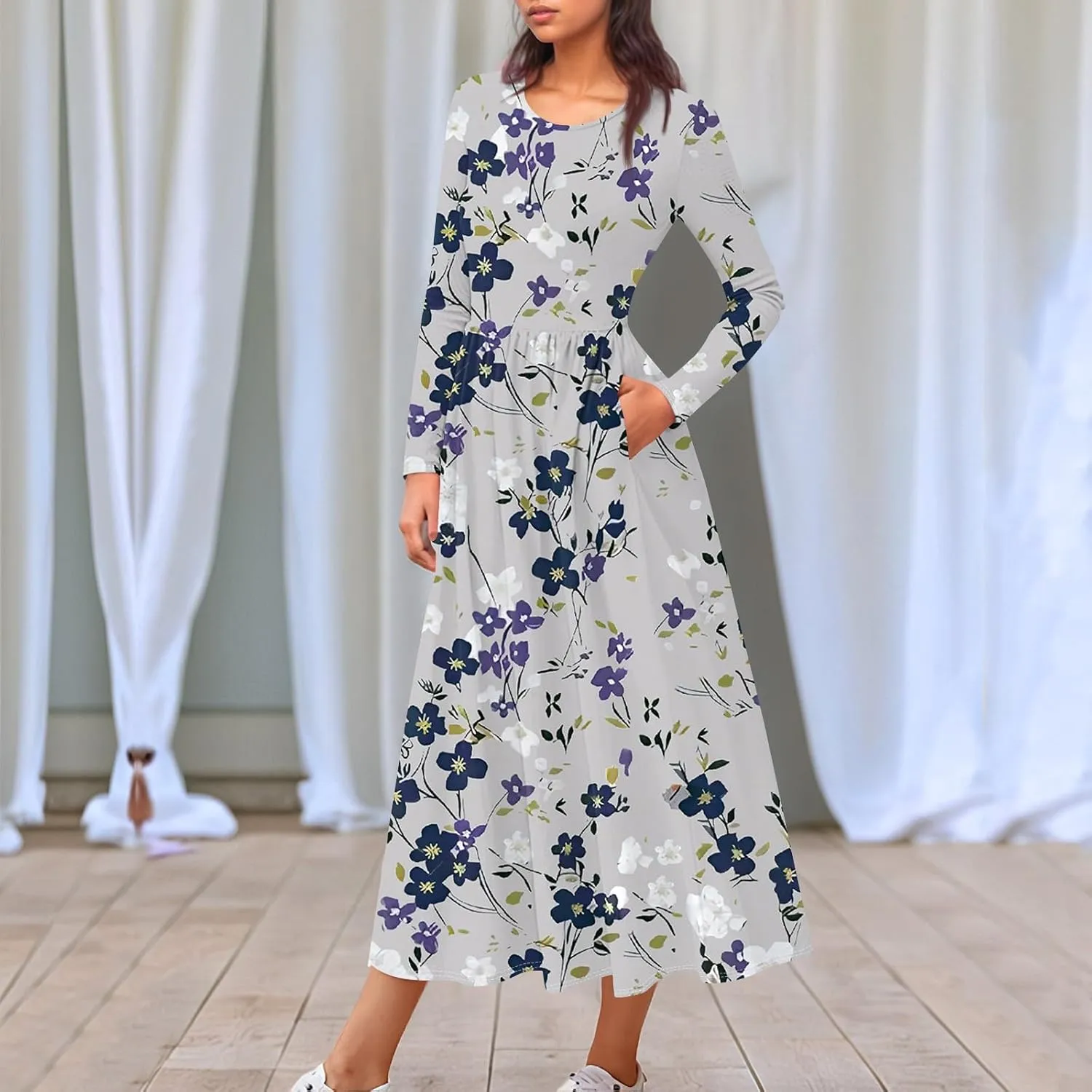 ZEFOTIM Long Sleeve Dresses for Women Casual Crewneck with Pockets Vacation Floral Dresses Spring Summer Dresses