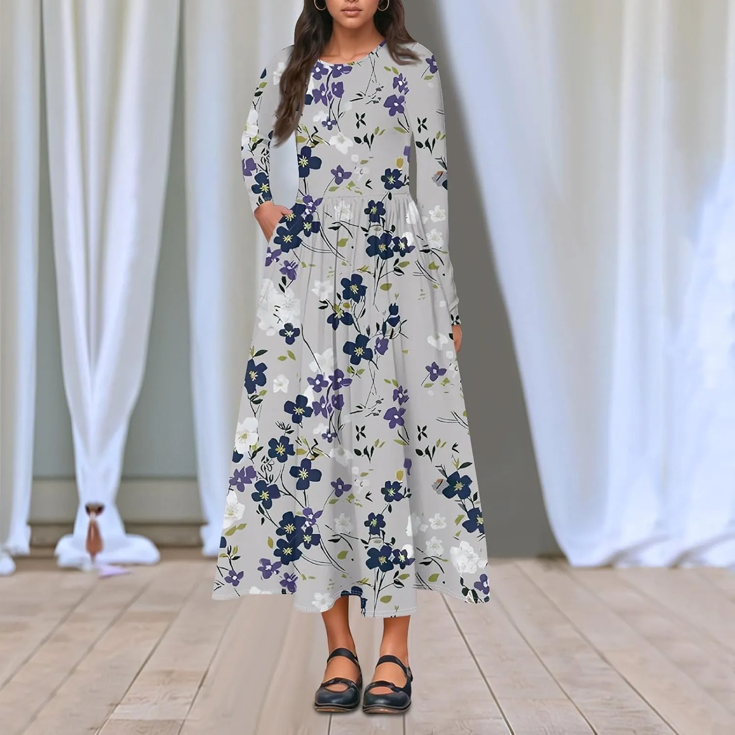ZEFOTIM Long Sleeve Dresses for Women Casual Crewneck with Pockets Vacation Floral Dresses Spring Summer Dresses