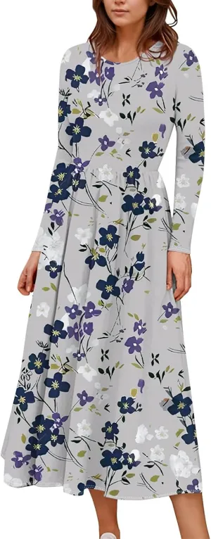 ZEFOTIM Long Sleeve Dresses for Women Casual Crewneck with Pockets Vacation Floral Dresses Spring Summer Dresses