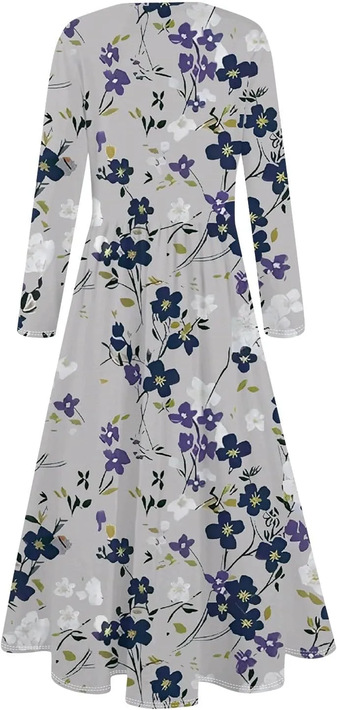 ZEFOTIM Long Sleeve Dresses for Women Casual Crewneck with Pockets Vacation Floral Dresses Spring Summer Dresses
