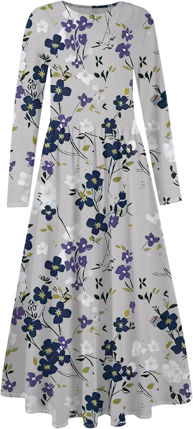 ZEFOTIM Long Sleeve Dresses for Women Casual Crewneck with Pockets Vacation Floral Dresses Spring Summer Dresses