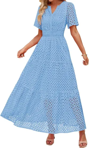 ZYXTIM Eyelet Dresses for Women 2025 Short Sleeve Casual A Line Boho Maxi Dress V Neck Fashion Summer Beach Vacation Sundress