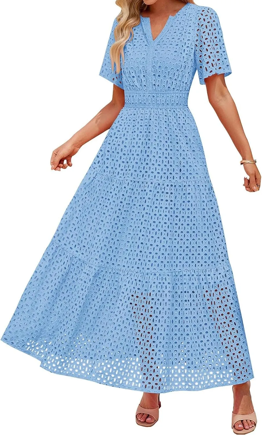 ZYXTIM Eyelet Dresses for Women 2025 Short Sleeve Casual A Line Boho Maxi Dress V Neck Fashion Summer Beach Vacation Sundress