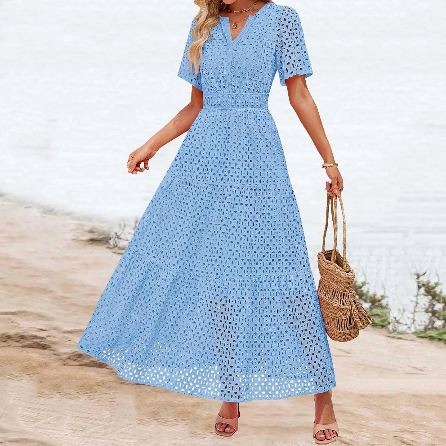 ZYXTIM Eyelet Dresses for Women 2025 Short Sleeve Casual A Line Boho Maxi Dress V Neck Fashion Summer Beach Vacation Sundress