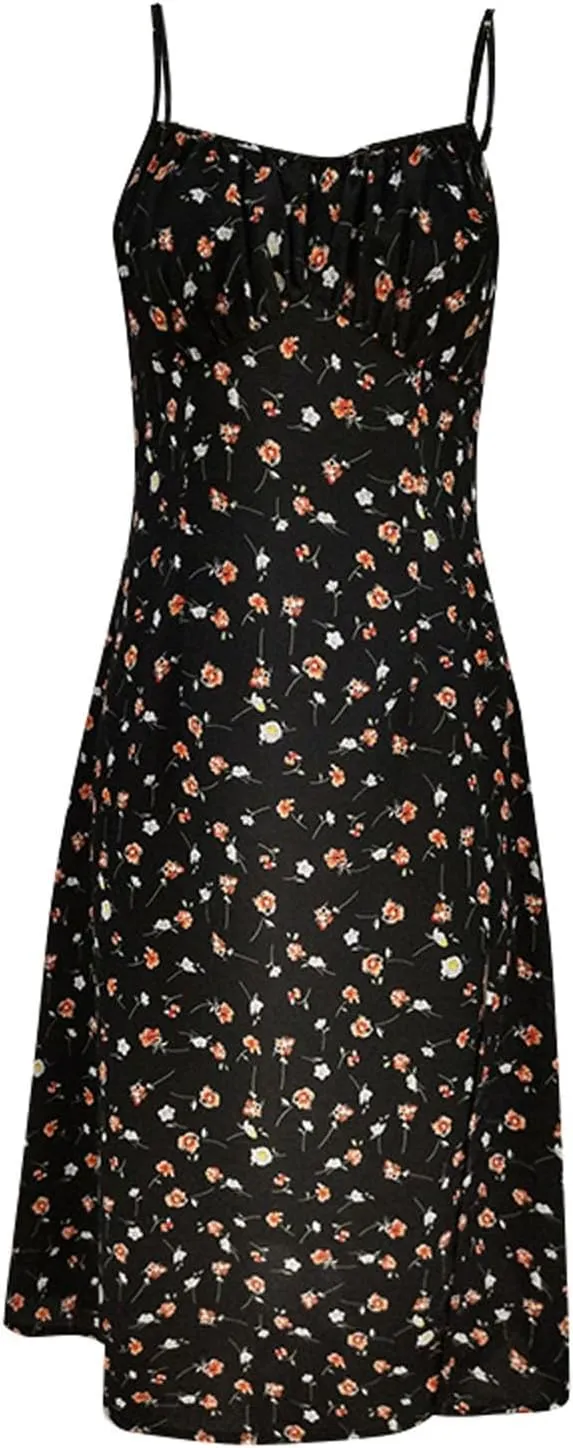 ZYXTIM Spaghetti Strap Dress for Women 2025 Summer Split Thigh Midi Floral Dresses High Waist Slim Vacation Beach Sexy Dress