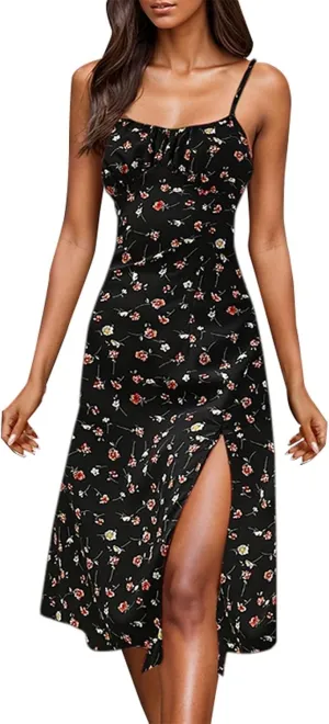 ZYXTIM Spaghetti Strap Dress for Women 2025 Summer Split Thigh Midi Floral Dresses High Waist Slim Vacation Beach Sexy Dress